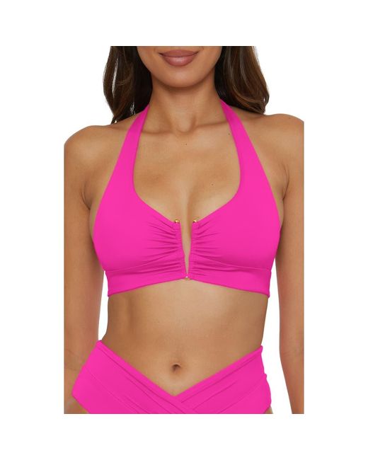 Becca Pink Shirred V-Wire Halter Bikini Top