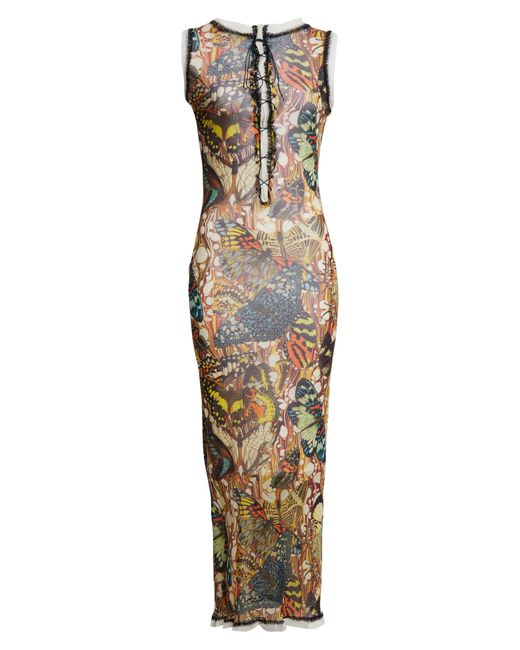 Jean Paul Gaultier Metallic Butterfly Print Lace-up Plunge Neck Mesh Maxi Dress