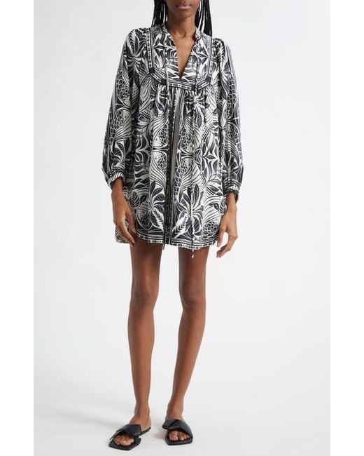 Farm Rio Black Monochrome Elegance Scarf Print Long Sleeve Linen Blend Minidress