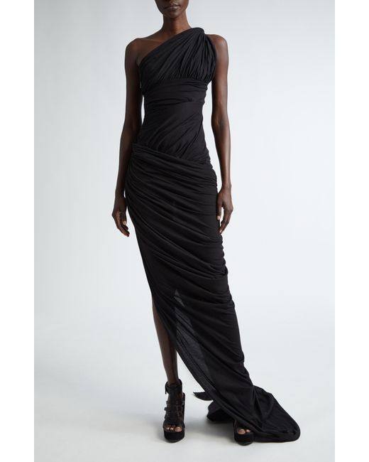 Rick Owens Black Lido Draped One-shoulder Cotton Jersey Gown With Train