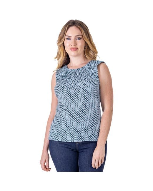 24seven Comfort Apparel Blue Petites Print Pleated Crew Neckline Back Closure Sleeveless Top