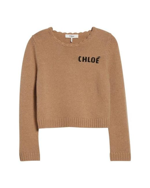 Chloé Blue Scalloped Logo Crop Wool & Cashmere Sweater