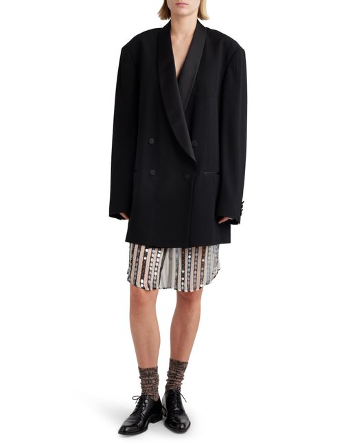 Dries Van Noten Black Blissy Oversize Wool & Silk Blend Tuxedo Jacket