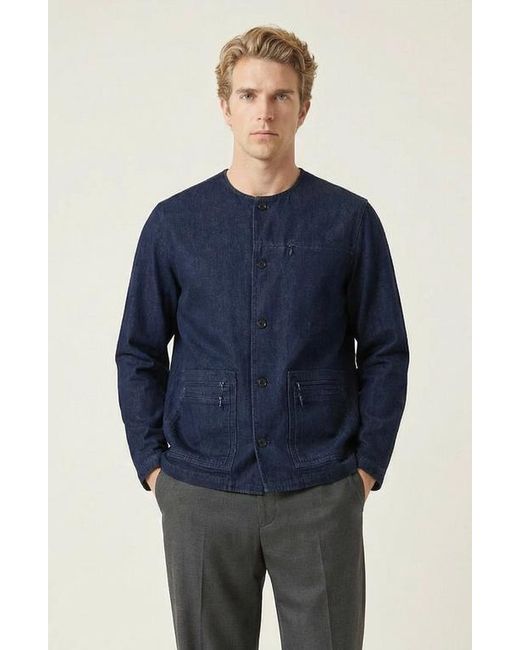 Modenaire Blue Collarless Button Front Utility Pocket Jacket