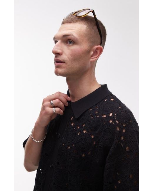 Topman Black Relaxed Openwork Floral Short Sleeve Button-Up Shirt for men