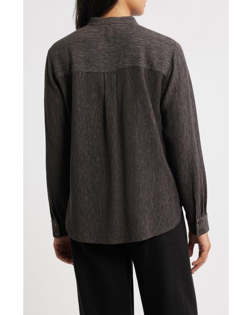 Eileen Fisher Black Crinkled Mandarin Collar Button-Up Shirt