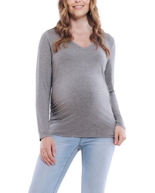 Motherhood Maternity Gray V-Neck Side-Ruched Maternity Long Sleeve Tee