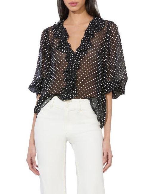 Alice + Olivia Black Betsie Clip Dot Ruffle Sheer Silk Blend Top