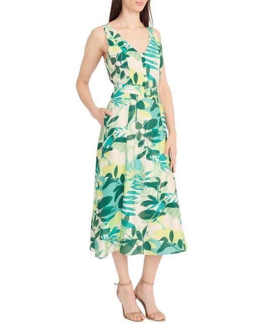 Maggy London Green Botanical Print Belted A-Line Dress
