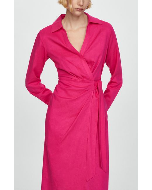 Mango Pink Carola Tie Waist Long Sleeve Wrap Dress