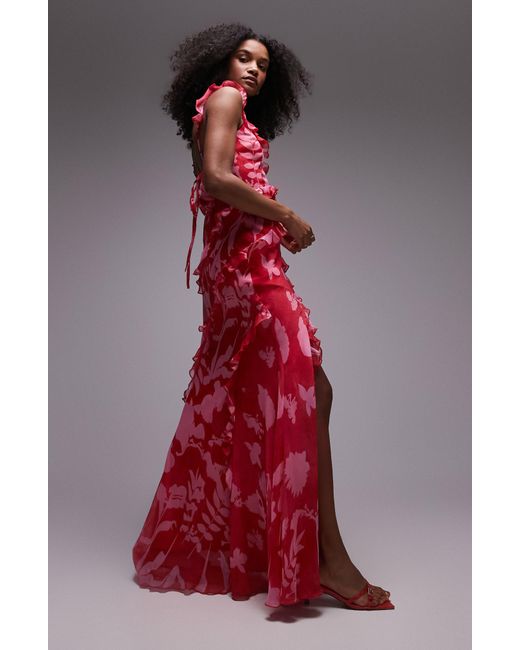 TOPSHOP Red Floral Ruffle Maxi Dress