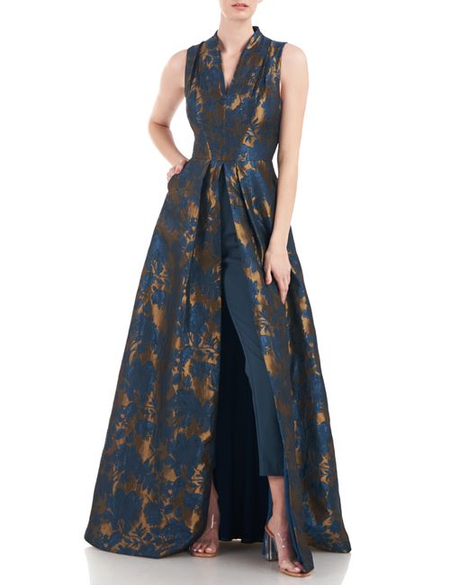 Kay Unger Blue Emery Floral Jacquard Maxi Romper