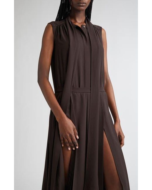 Michael Kors Brown Pleated Tie Neck Sleeveless Silk Shirtdress