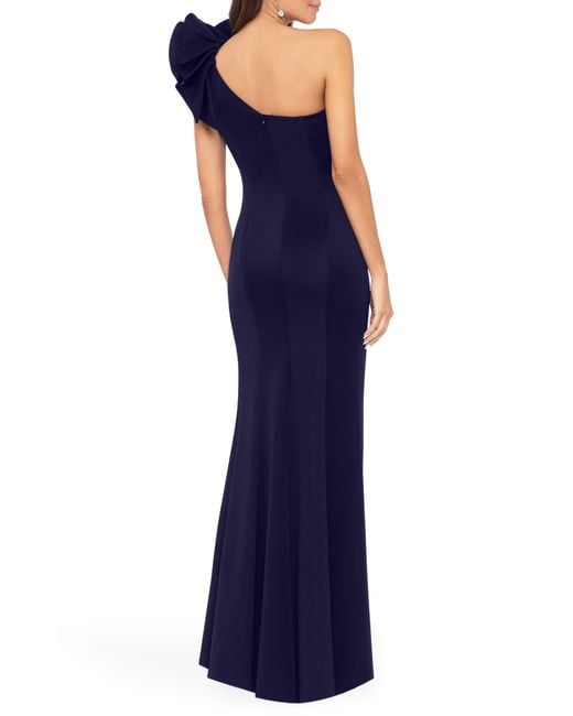 Betsy & Adam Blue Ruffle One-shoulder Trumpet Gown