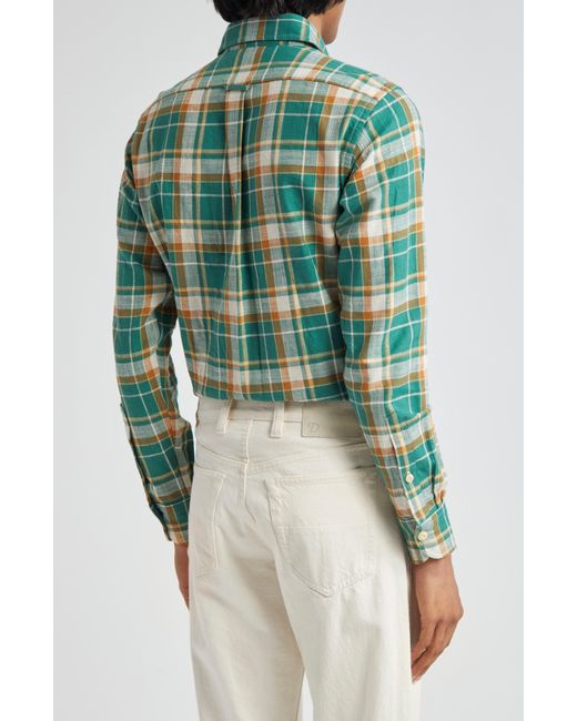 Drake's Green Check Slub Cotton Work Shirt for men
