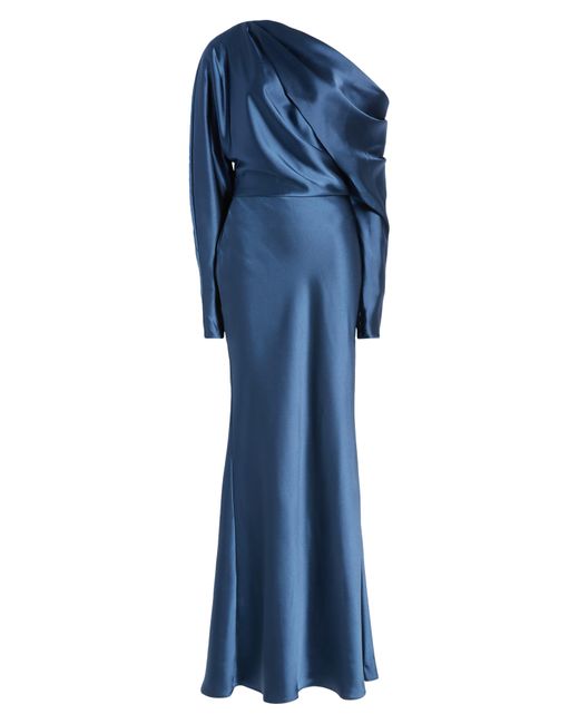 Amsale Blue Pleated One-shoulder Long Sleeve Satin Gown