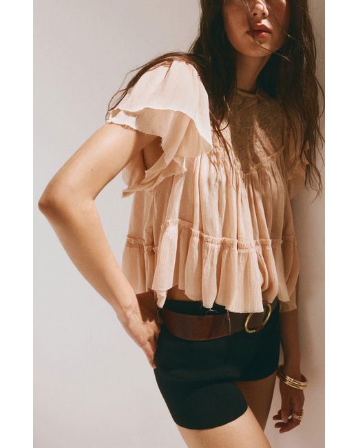 Mango Pink Ruffled Embroidered Blouse
