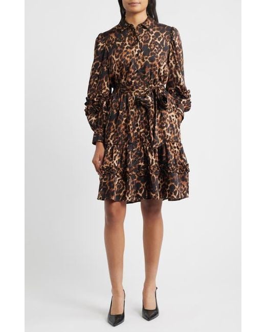 Anne Klein Brown Leopard Tie Waist Long Sleeve Shirtdress
