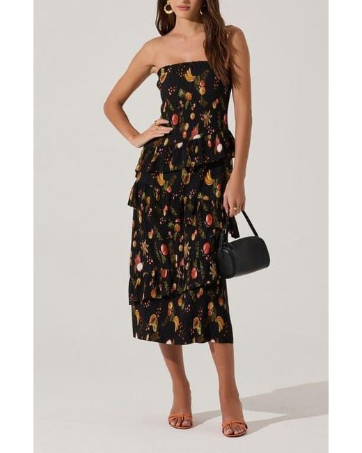Astr Black Plissé Asymmetric Tiered Ruffle Strapless Midi Dress