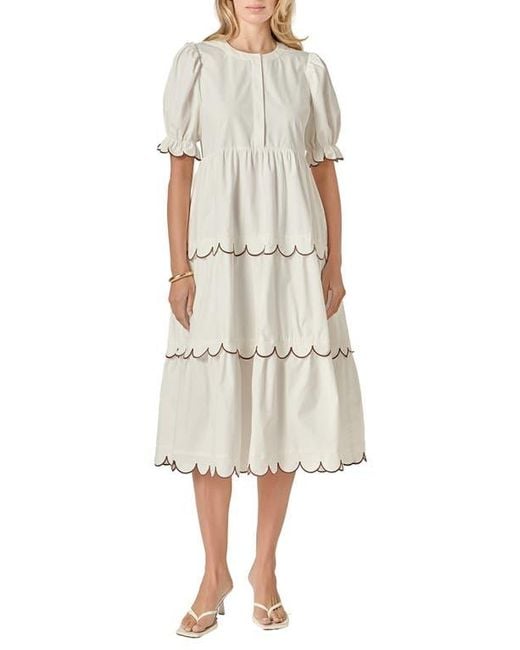 English Factory Natural Contrast Scalloped Trim Cotton Midi Dress