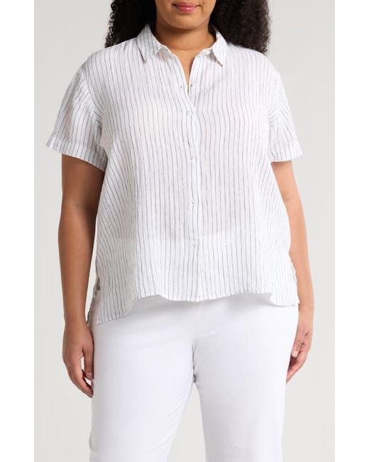 Eileen Fisher White Stripe Organic Linen Button-Up Shirt