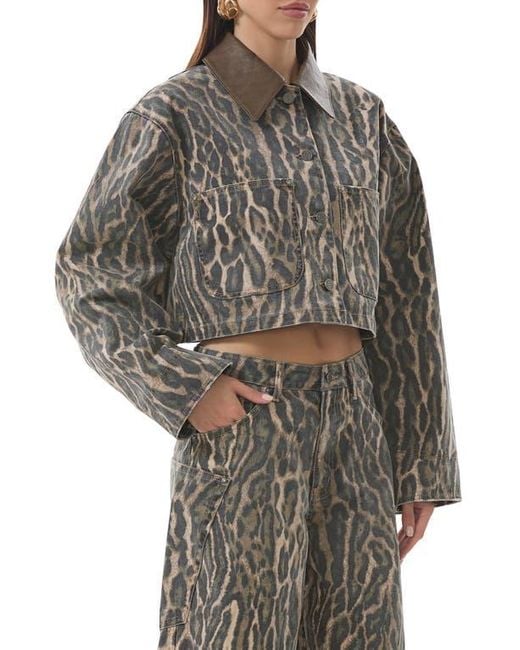 AFRM Gray Wrenley Leopard Crop Denim Jacket