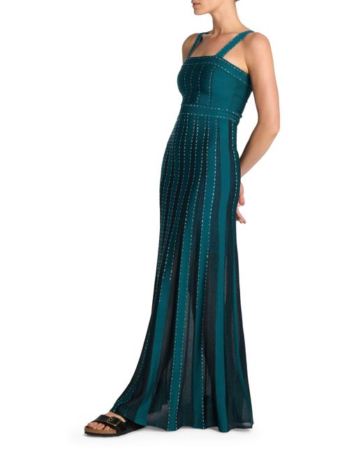 St. John Green Crystal Embellished Mixed Knit Gown