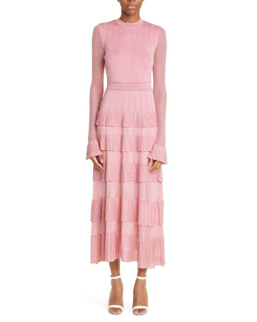 Lela Rose Tiered Long Sleeve Midi Dress in Pink | Lyst