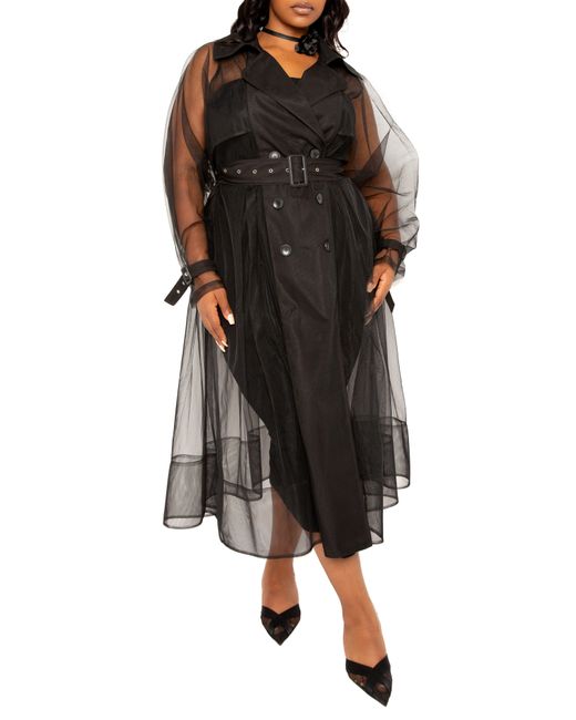 Buxom Couture Black Belted Sheer Tulle Trench Coat