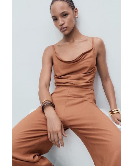 Mango Brown Cowl Neck Wide Leg Jumpsuit
