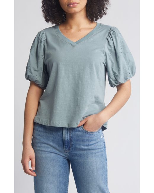 Wit & Wisdom Blue Embroidered Puff Sleeve V-neck Top