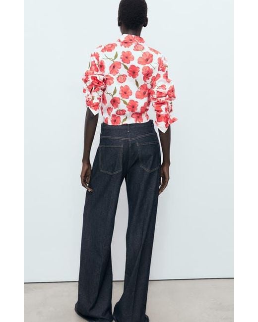 Mango Red Floral Print Cropped Button-Up Shirt