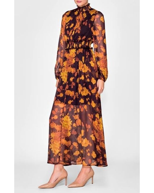 MELLODAY Orange Floral Long Sleeve Chiffon Dress