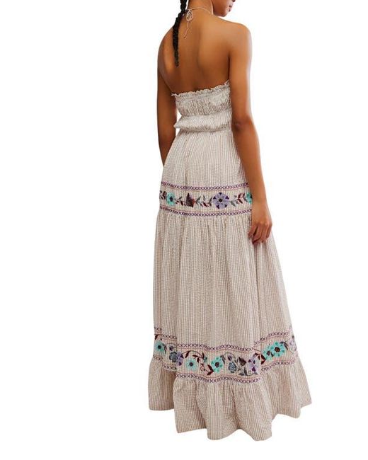 Free People Brown Kalani Stripe Embroidered Halter Neck Cotton Maxi Dress