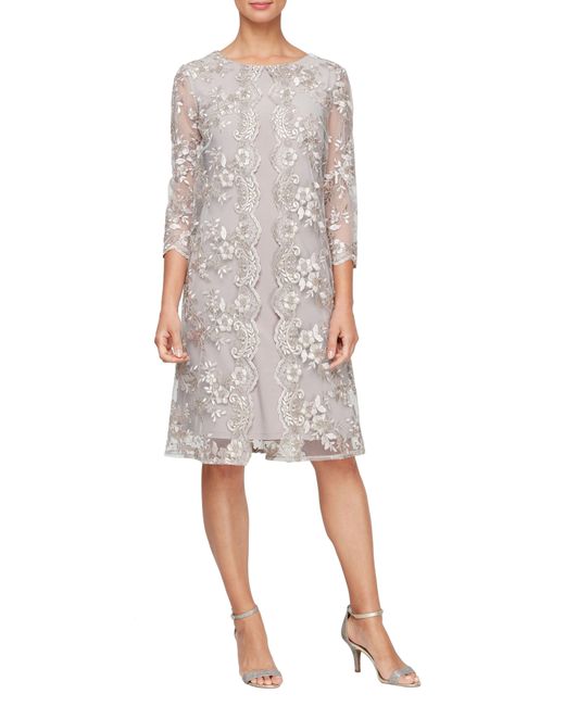 Alex Evenings Gray Embroidered Overlay Cocktail Dress
