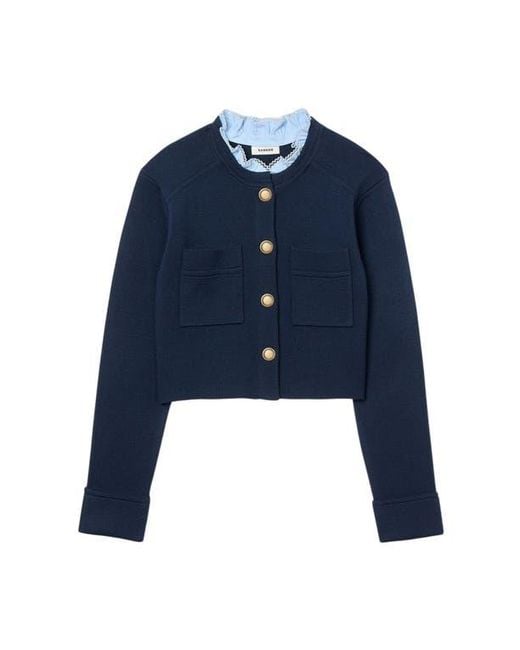 Sandro Blue Cardigan With Detachable Ruffle Collar