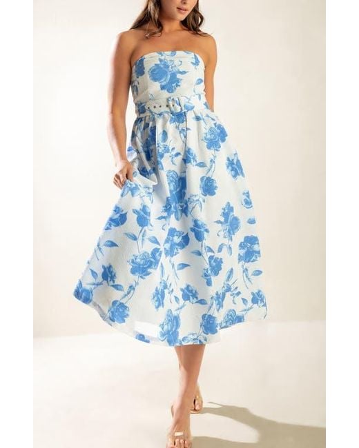 FREEMARKET Blue Floral Strapless Midi Dress