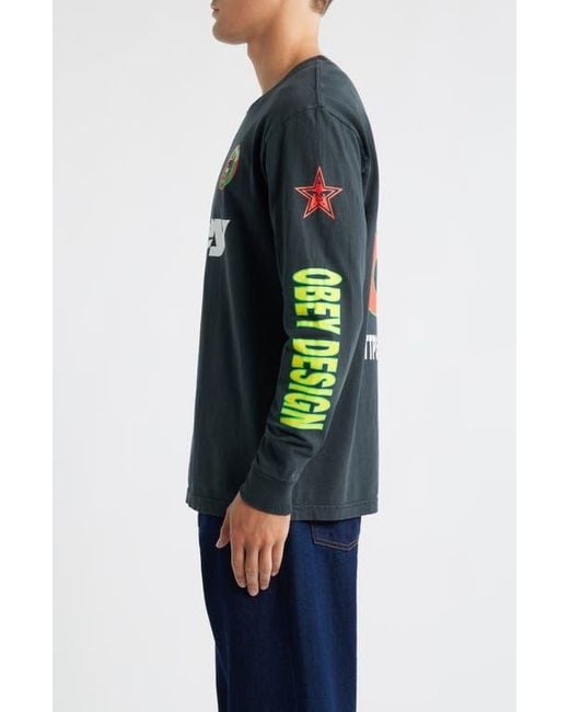 Obey Blue Mega Global Mania Graphic Long Sleeve T-Shirt for men
