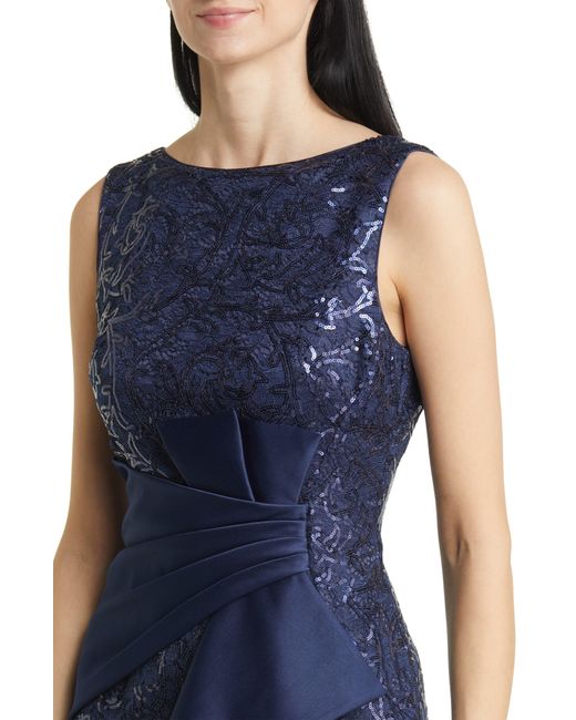 Eliza J Blue Sequin Ruffle Sleeveless Lace Trumpet Gown