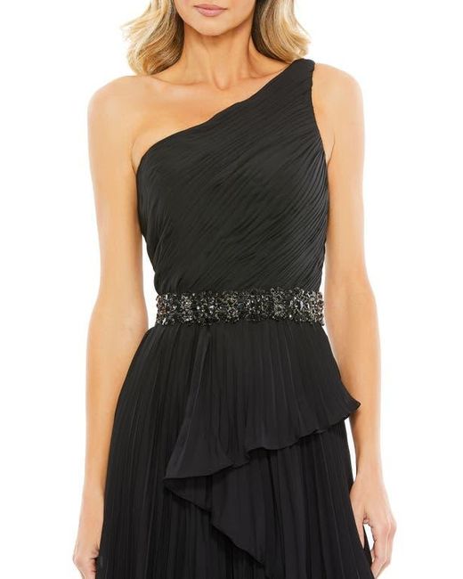 Mac Duggal Black Embellished Gown With Strappy Open Back & Asymmetrical Ruffle Hem