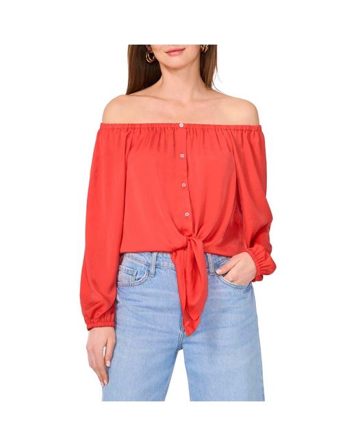 Vince Camuto Red Off The Shoulder Tie Hem Button-Up Top