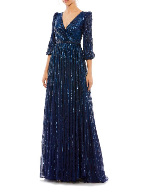 Mac Duggal Blue Sequin Surplice Tulle Gown