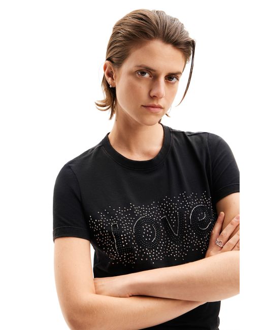 Desigual Black Darwin Love Rhinestone Embellished Stretch Cotton T-shirt