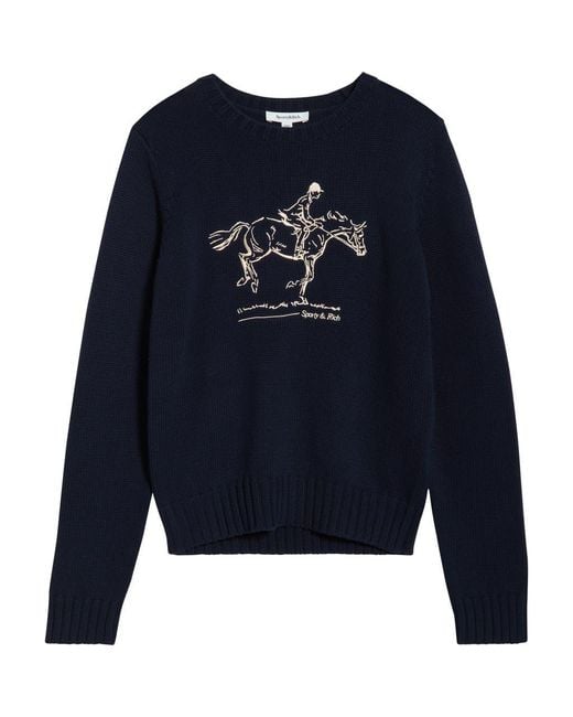 Sporty & Rich Blue Horse Embroidered Cotton Sweater
