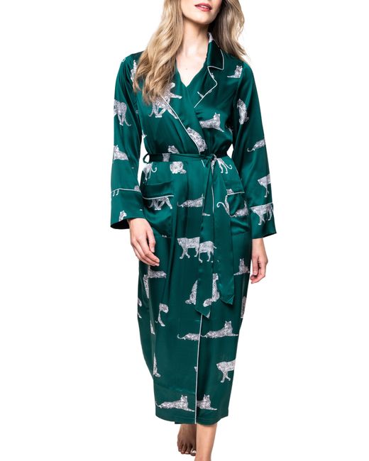 Petite Plume Green Panther Print Piped Mulberry Silk Robe