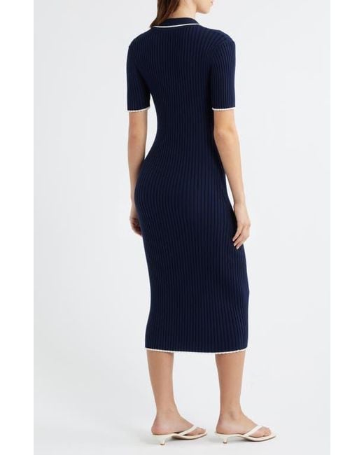 ZOE AND CLAIRE Blue Collared Ribbed Knit Midi Dress
