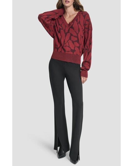 DKNY Red Jacquard V-Neck Sweater