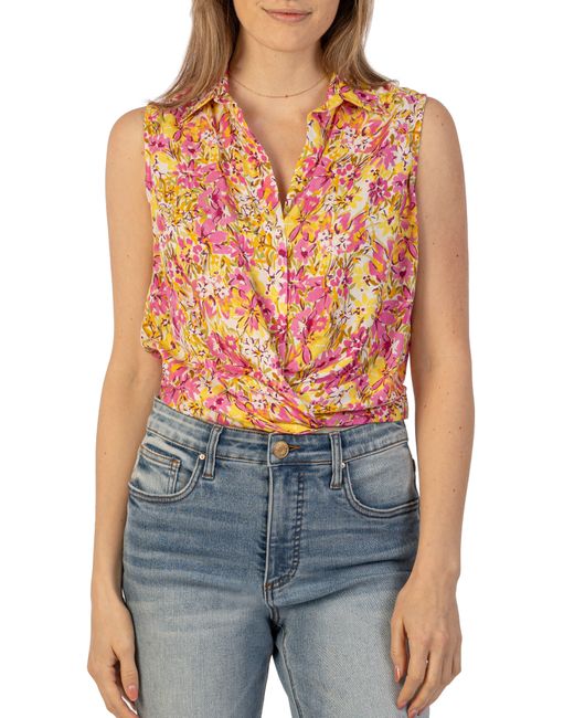 Kut From The Kloth Blue Renata Floral Front Twist Sleeveless Button-up Top