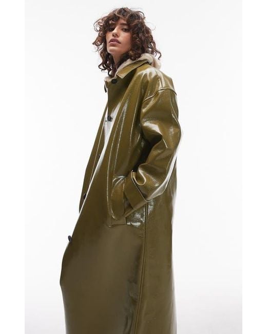 TOPSHOP Vinyl Long Coat in Green Lyst