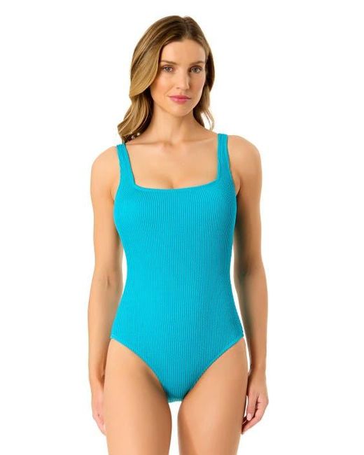 Anne Cole Blue Textured Classic Square Neck One Piece Swimsuit